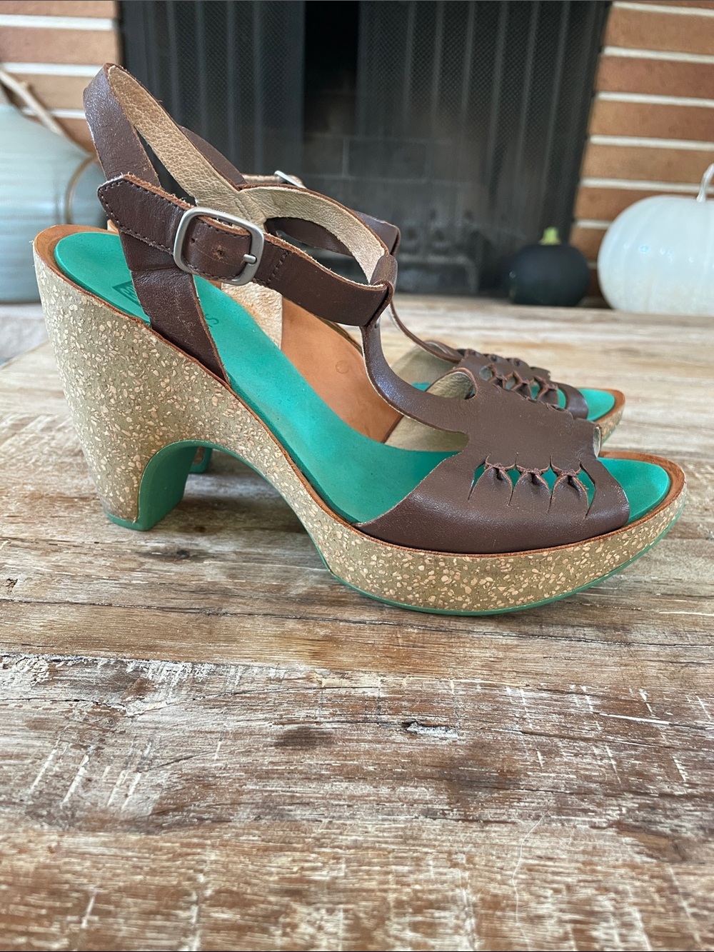 Camper Browne Leather T-Strap Cork Platform Sandals - Brown/Teal